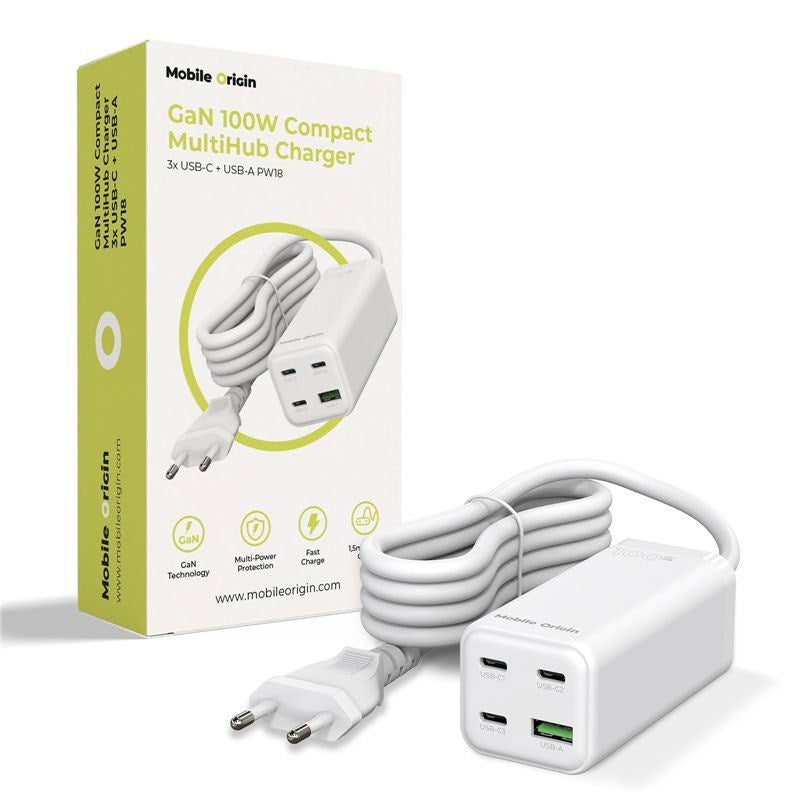 Mobile Origin 100W USB-C Hub with USB-A & Schuko Plug - White