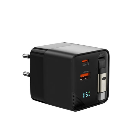 Mobile Origin Display Wall Charger with 1 x USB-A / 1 x USB-C / 1 x Retractable USB-C Cable - 65W - Black