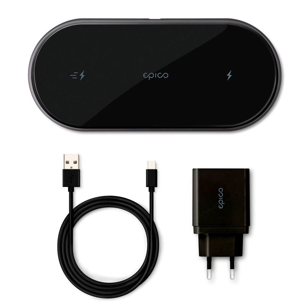 Epico Ultraslim Duo Wireless Charger 15W with 18W QC Wall Charger - Black