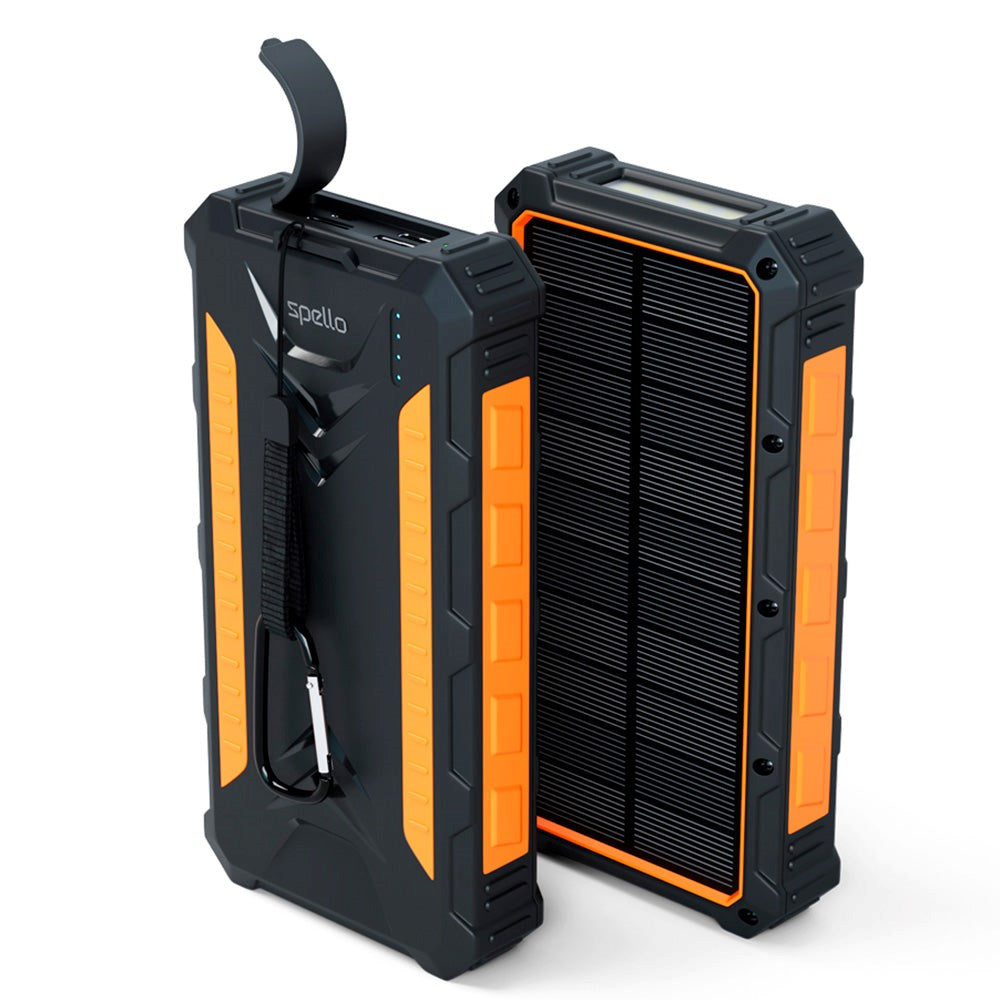 Spello Powerbank with Solar Cell - 15W 1 x USB-C, 2 x USB-A & Wireless Charging - 24,000 mAh - Black / Orange