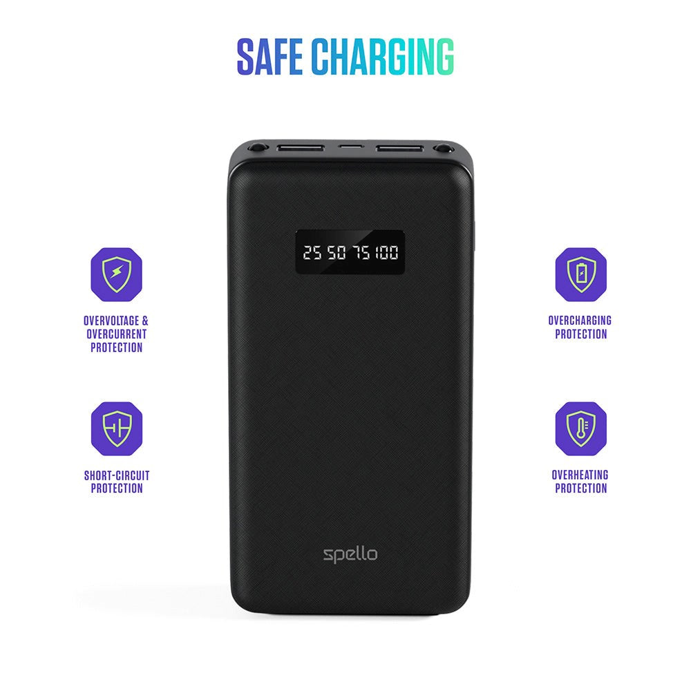 Spello Multi 10W Powerbank with 2 x USB-A & 1 x USB-C - 15.000 mAh - Black