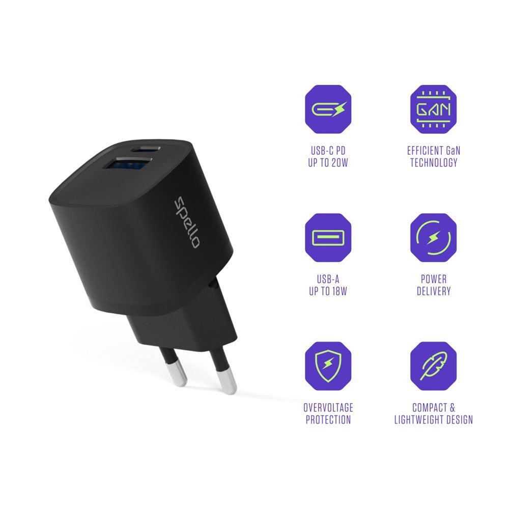 Spello 20W PD (Power Delivery) Wall Charger with 1 x USB-C 1 x USB-A- Black