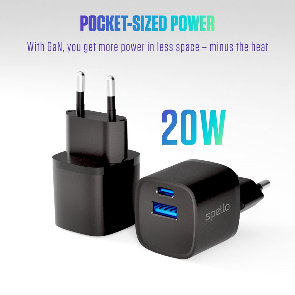 Spello 20W PD (Power Delivery) Wall Charger with 1 x USB-C 1 x USB-A- Black