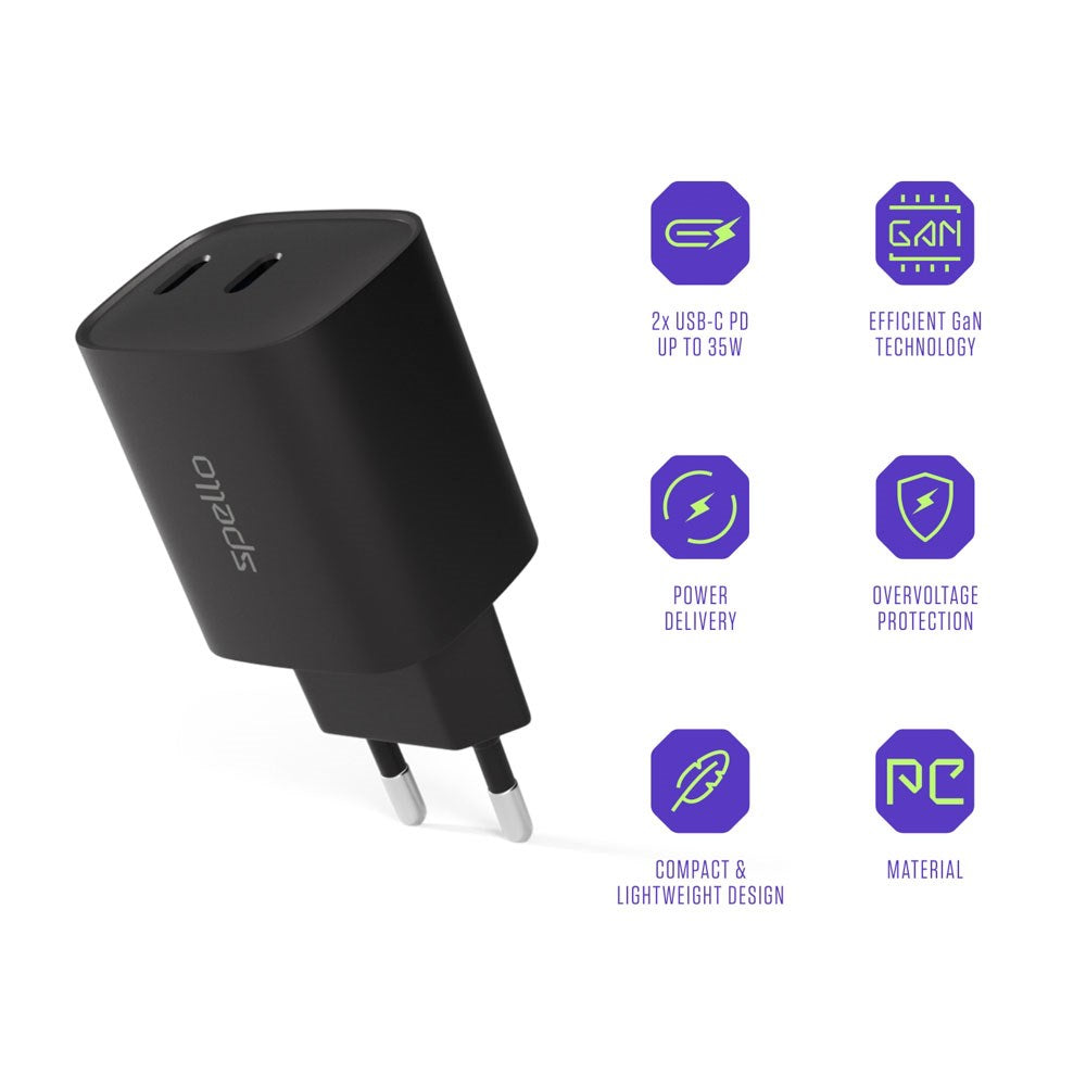 Spello 35W PD (Power Delivery) Wall Charger with 2 x USB-C - Black