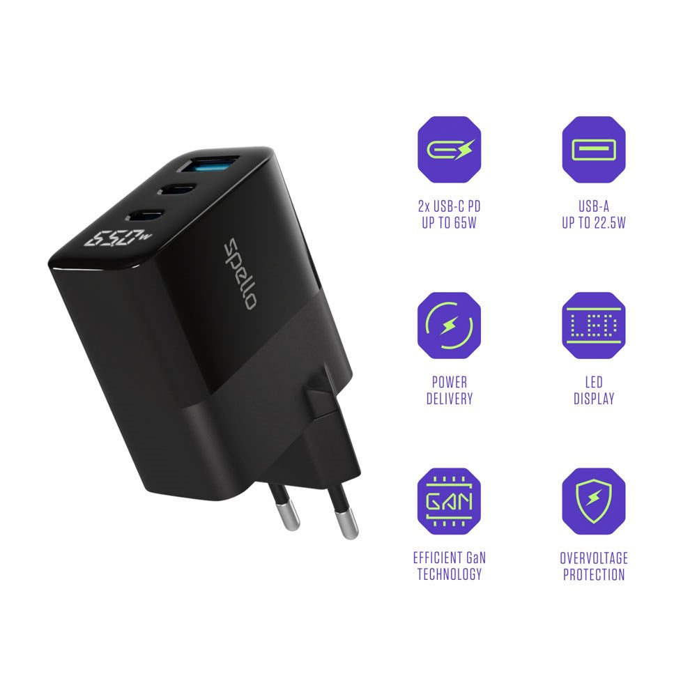 Spello 65W PD (Power Delivery) Wall Charger with 2 x USB-C 1 x USB-A - Black