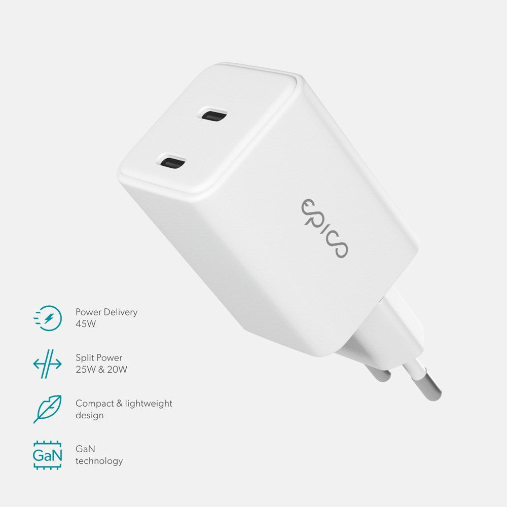 Epico UltraBoost GaN 45W Wall Charger - 2x USB-C - White