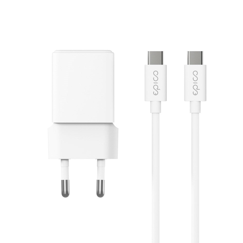 Epico UltraBoost GaN 20W Wall Charger with 1.2m USB-C to USB-C Cable - 1x USB-C / 1x USB-A - White