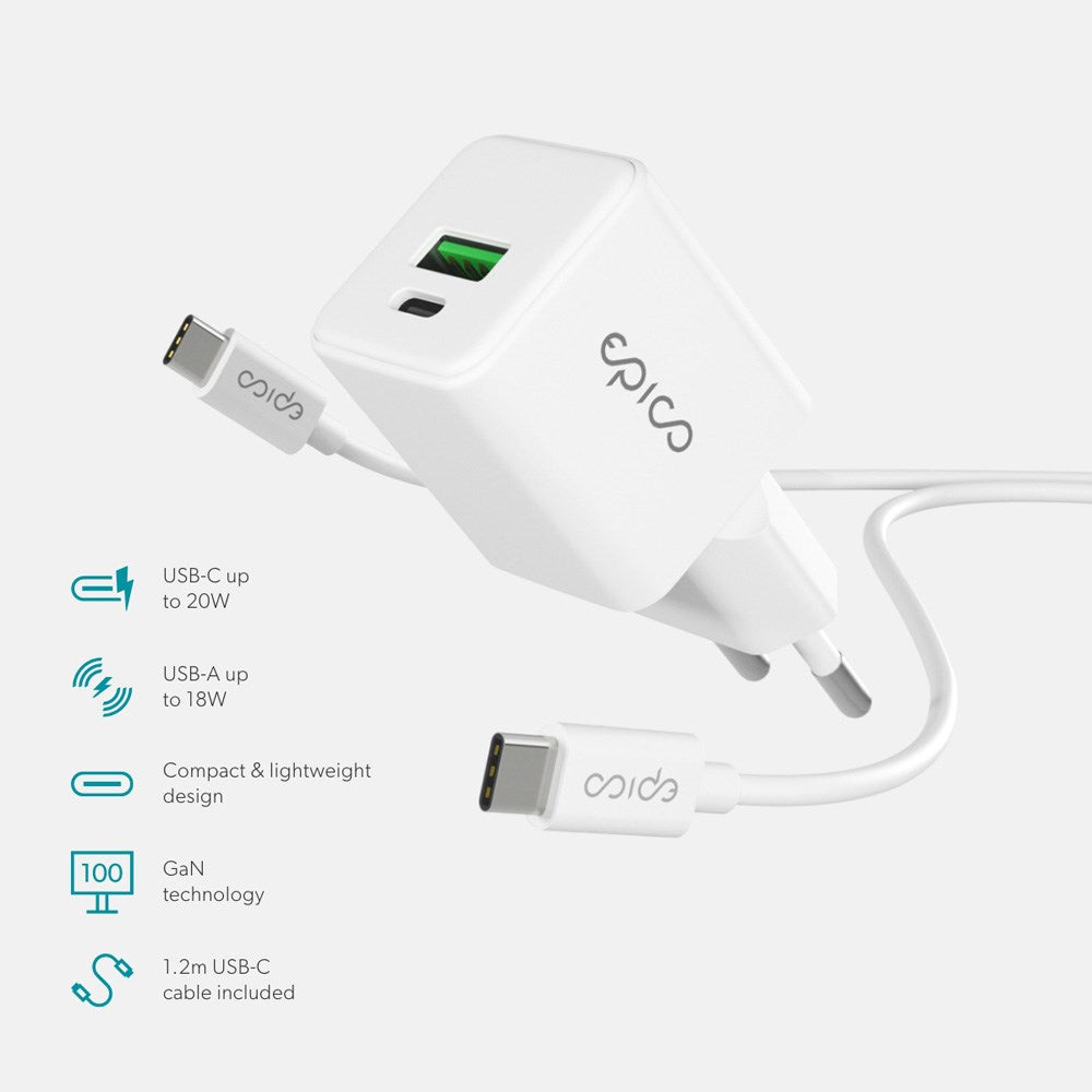 Epico UltraBoost GaN 20W Wall Charger with 1.2m USB-C to USB-C Cable - 1x USB-C / 1x USB-A - White