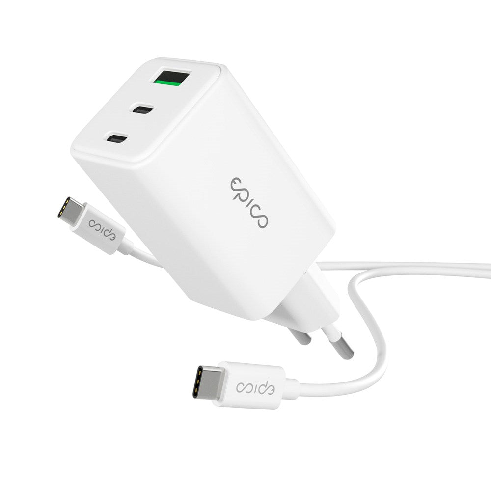 Epico UltraBoost GaN 65W Wall Charger with 1.2m USB-C to USB-C Cable - 2x USB-C / 1x USB-A - White