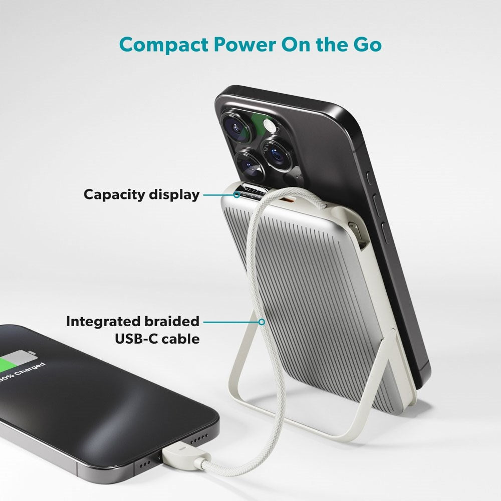 Epico UltraPack 15W Power Bank 10,000 mAh with Retractable USB-C Cable and Stand Function - MagSafe / Qi2 Compatible - Grey