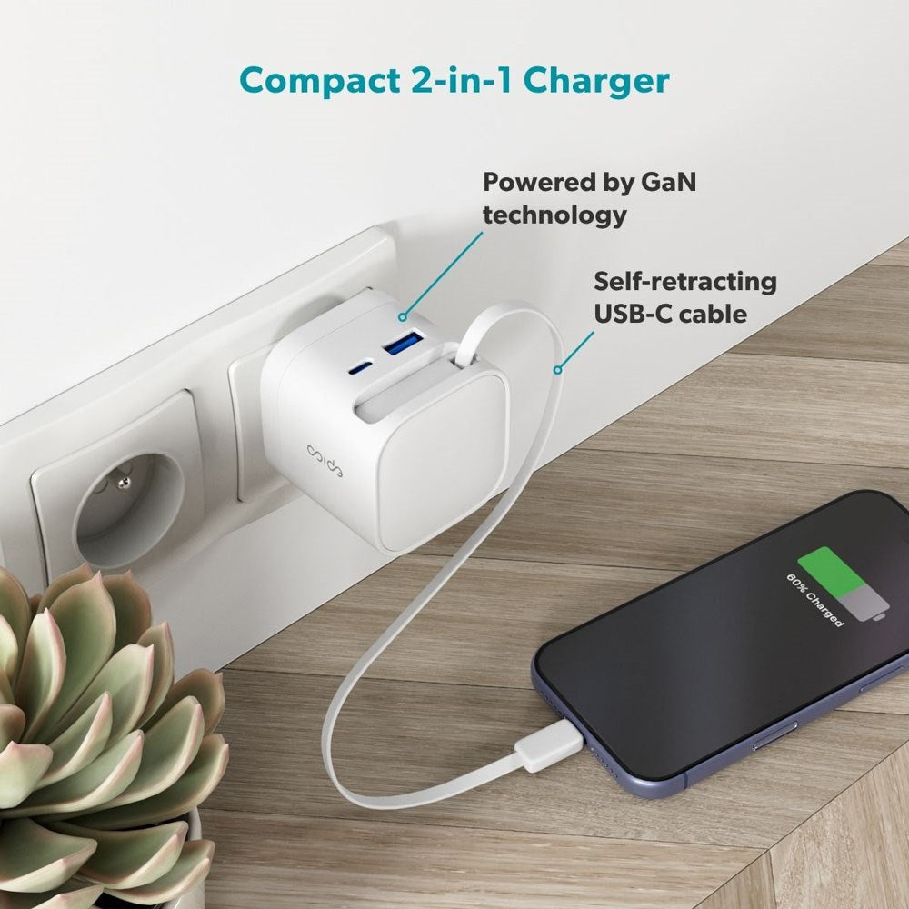 Epico UltraBoost 65W Wall Charger with USB-C / USB-A / Retractable USB-C Cable – White