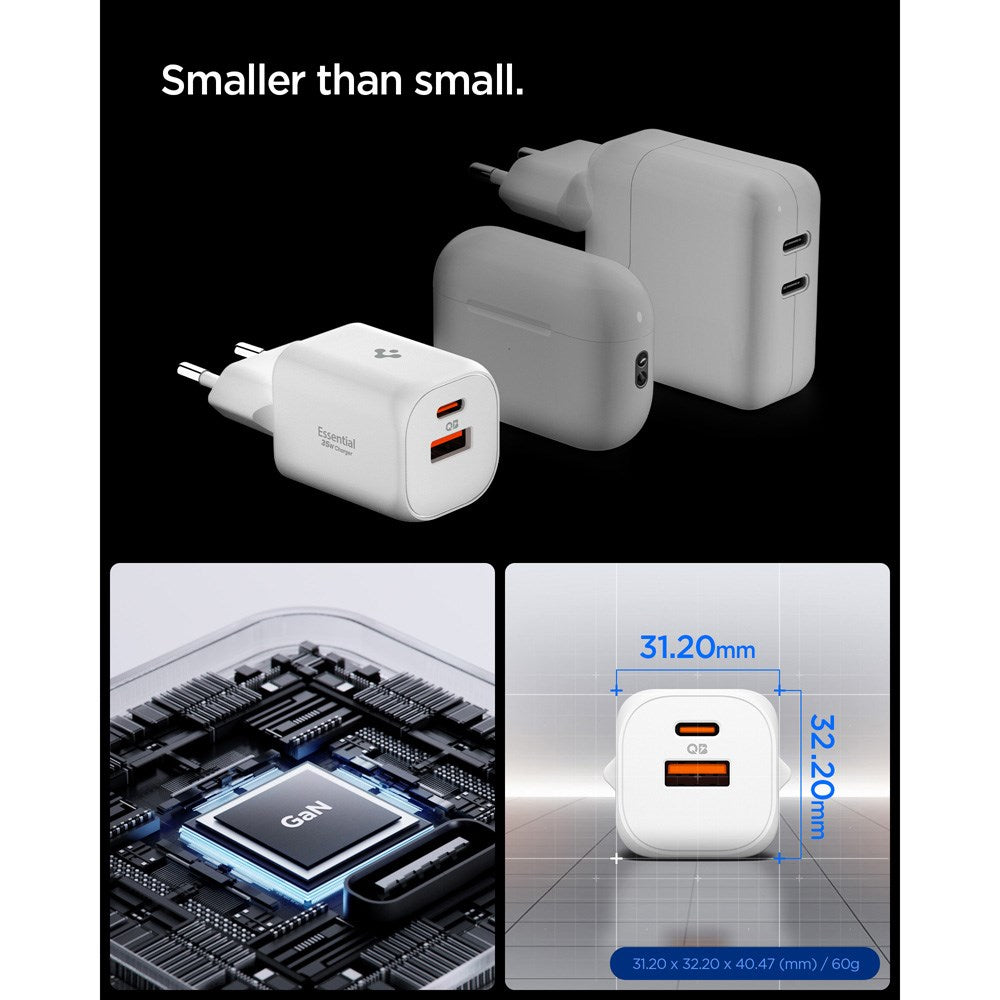Spigen Essential 35W Wall Charger with 1 x USB-C & 1 x USB-A - White