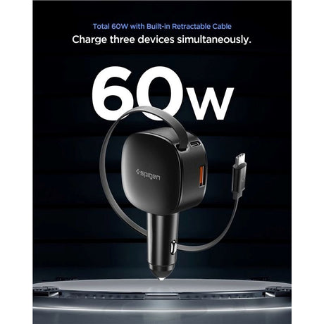 Spigen Car Charger 60W with Built-in USB-C Cable & 1 x USB-C 1 x USB-A - Black