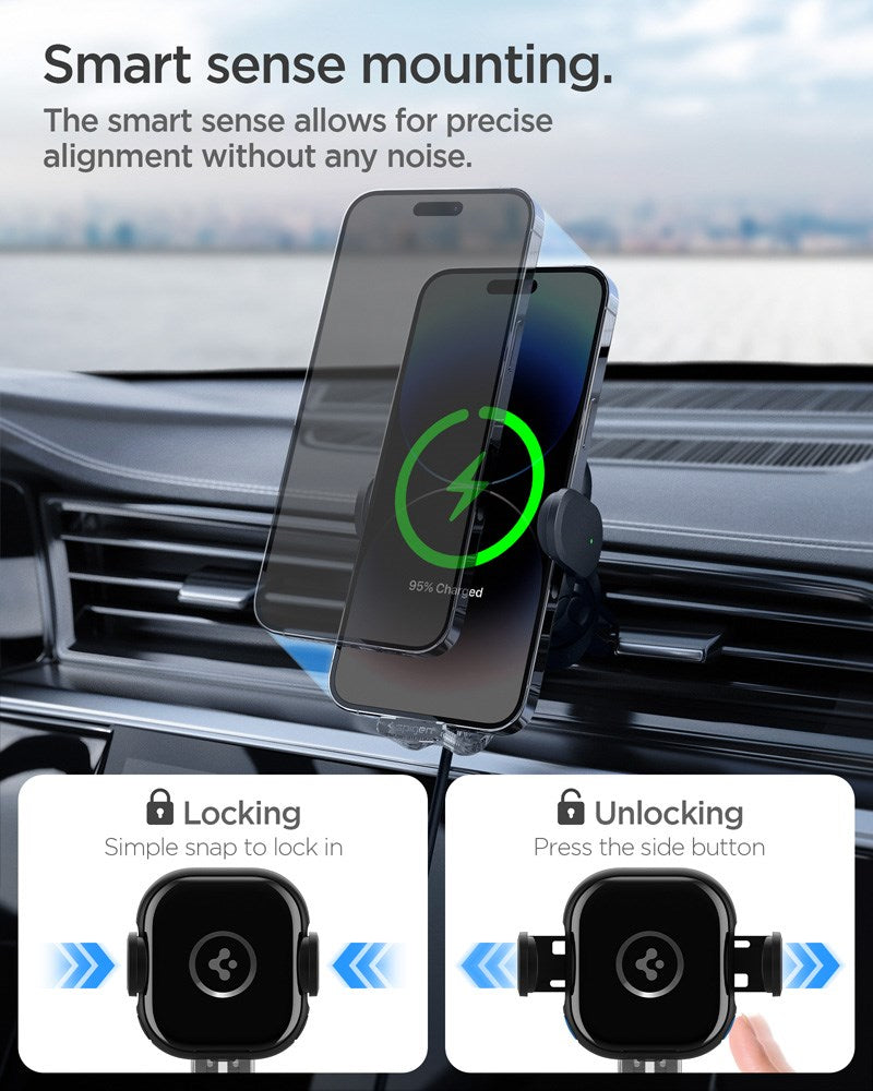 Spigen OneTap Universal 15W Mobile Phone Charger for Car - Ventilation System - Max Mobile: 64 - 92mm - Black