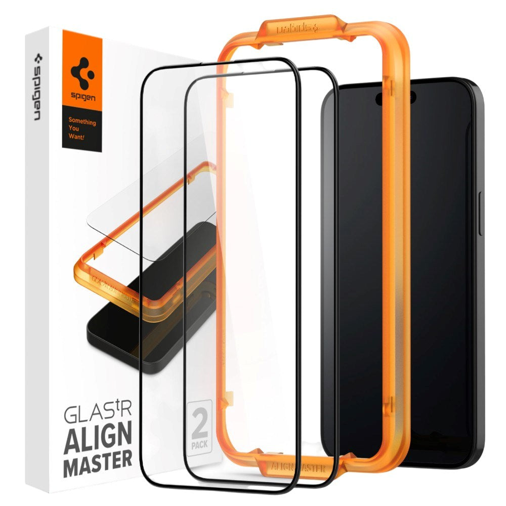 iPhone 15 Pro Spigen Glass tR AlignMaster Screen Protector Glass - 2 pcs - Transparent / Black Edge