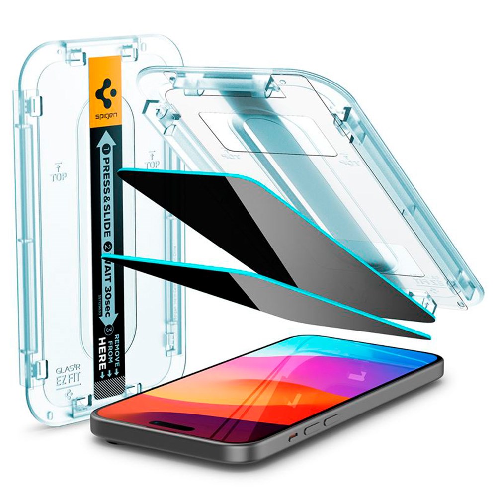 iPhone 15 / 16 Spigen EZ Fit Glas.tR Screen Protection 2. Pcs - Privacy Filter - Case Friendly - Transparent