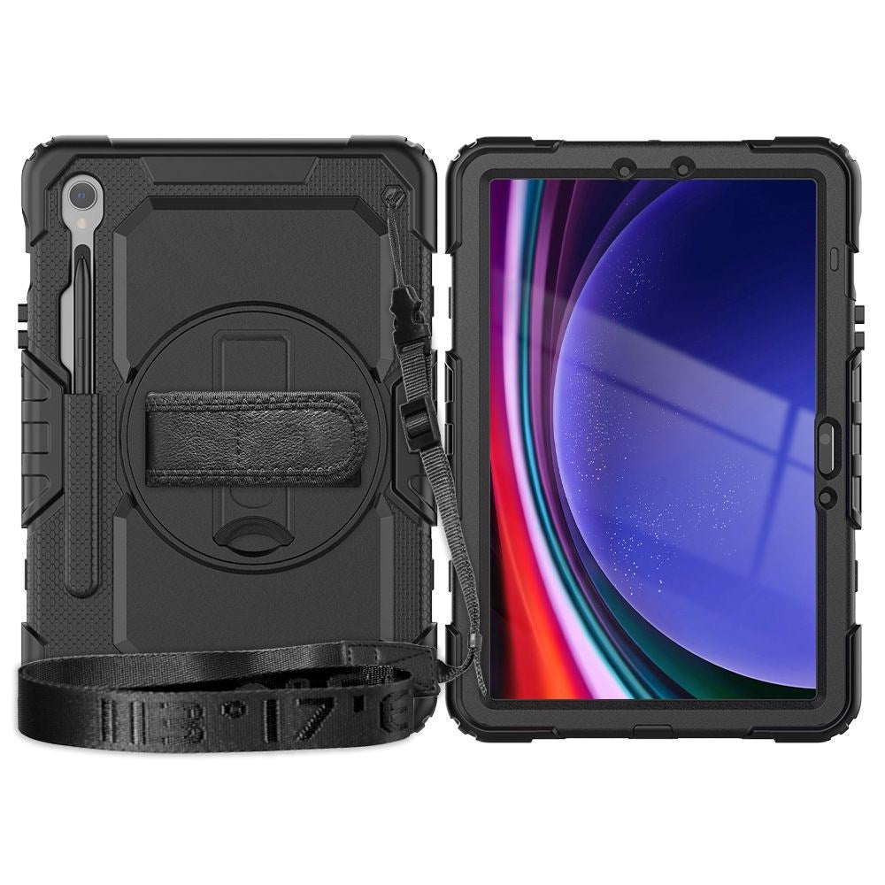 Samsung Galaxy Tab S9 FE+ (Plus) Tech-Protect Solid360 Tough Case w. Protective Film, Hand Holder & Shoulder Strap - Black