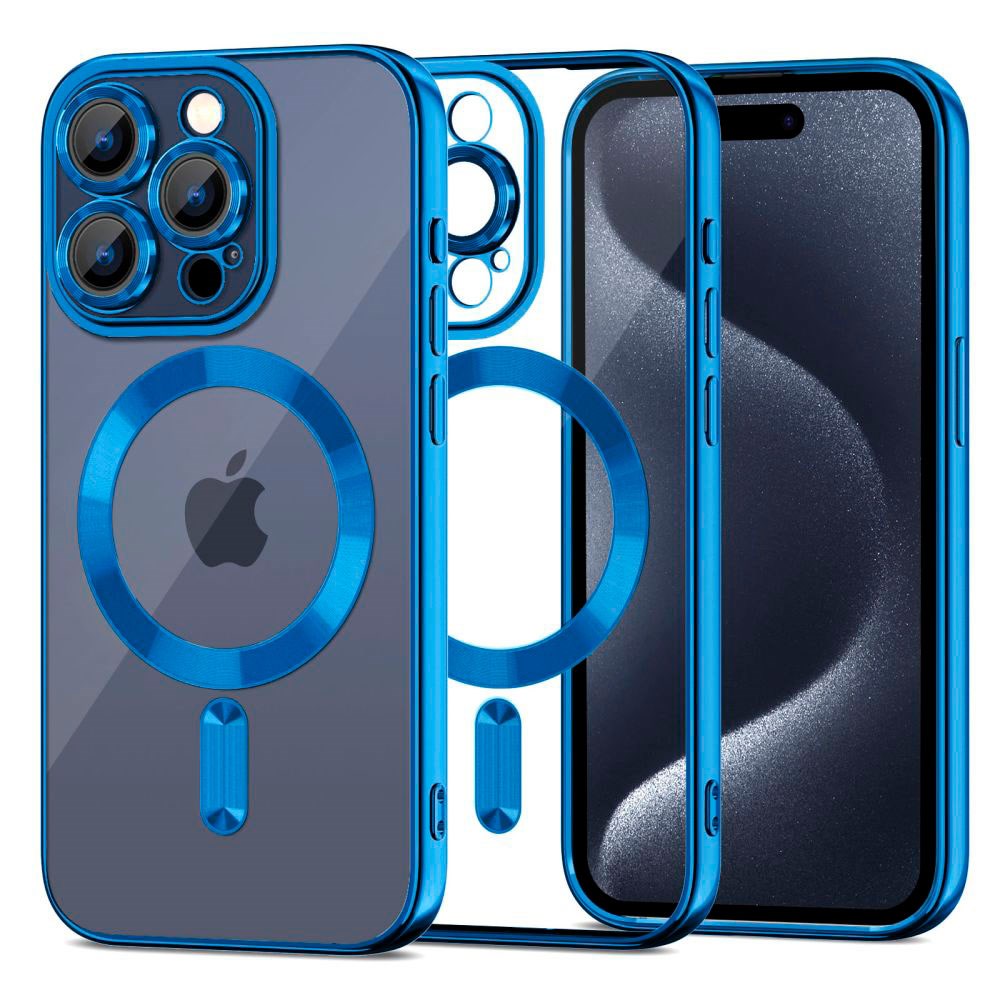 iPhone 15 Pro Tech-Protect MagShine Case - MagSafe Compatible - Transparent / Dark Blue