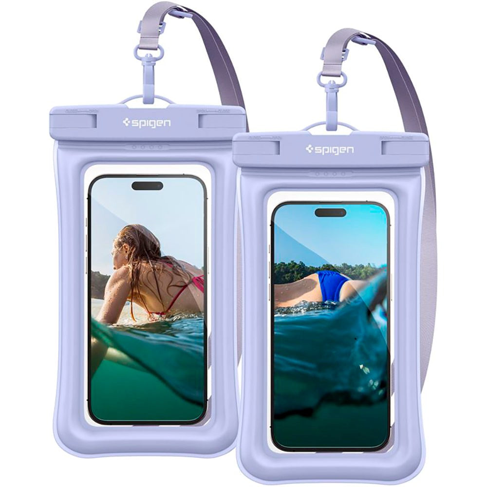 Spigen A610 Universal Waterproof Floating Pouch - 2 Pack - Purple / Transparent (Max. Phone Size: 170 x 90mm)