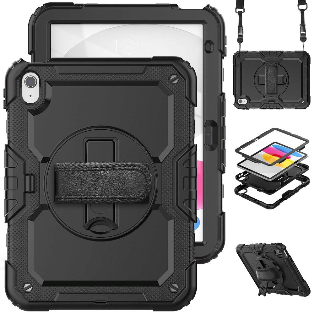 iPad 10.9" 2022 Tech-Protect Solid360 Case w. Protective Film, Hand Holder & Shoulder Strap - Black