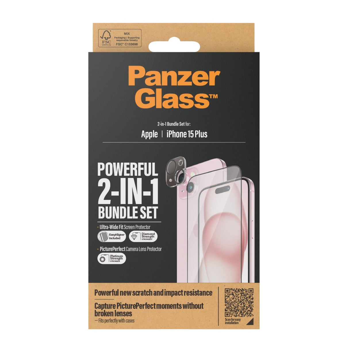 iPhone 15 Plus PanzerGlass 2-i-1 Bundle w. EasyAligner - Screen Protector (UWF) / Camera Protection - Transparent / Black