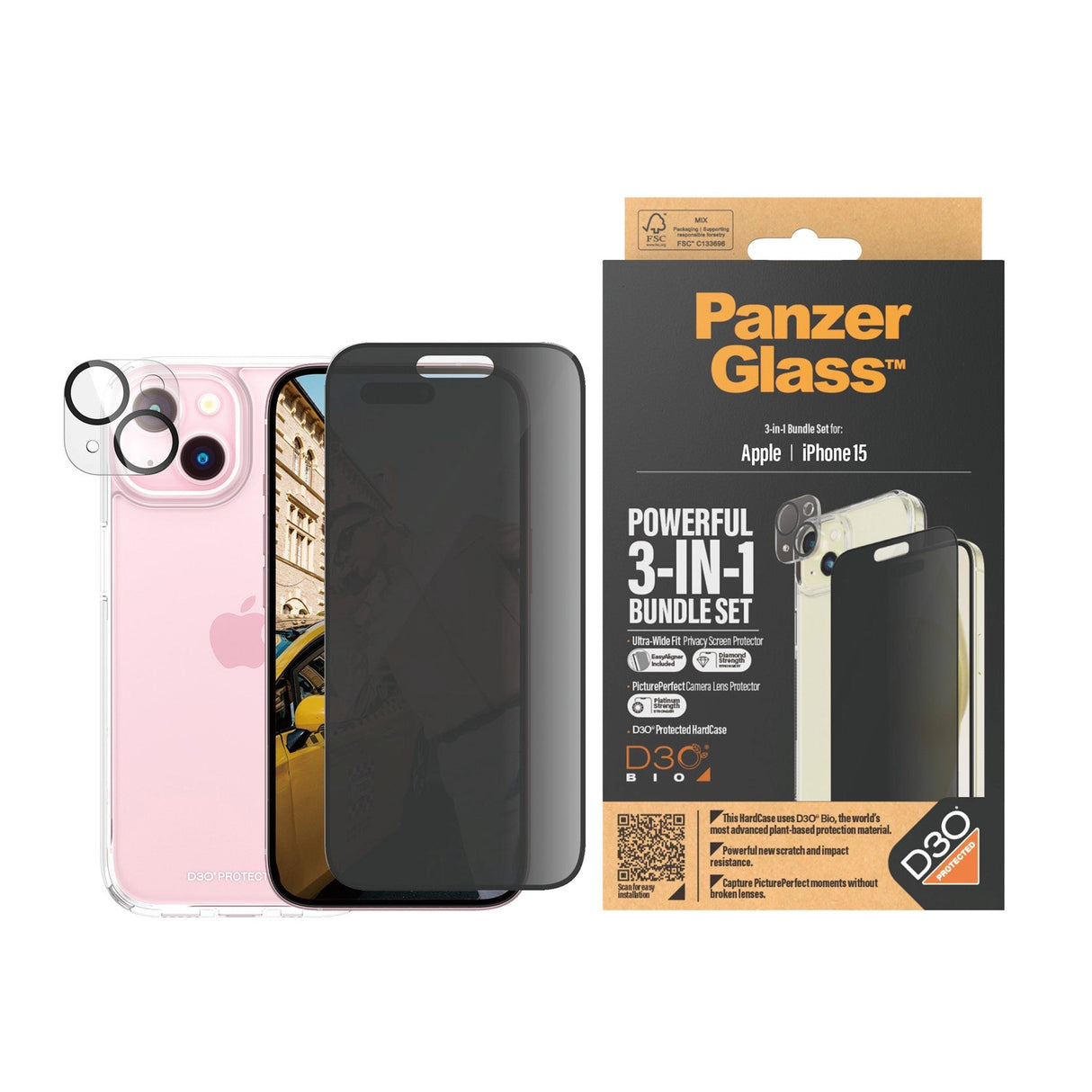 iPhone 15 PanzerGlass 3-i-1 Bundle w. EasyAligner - Privacy Screen Protector (UWF) / Case / Camera Protection - Transparent / Black