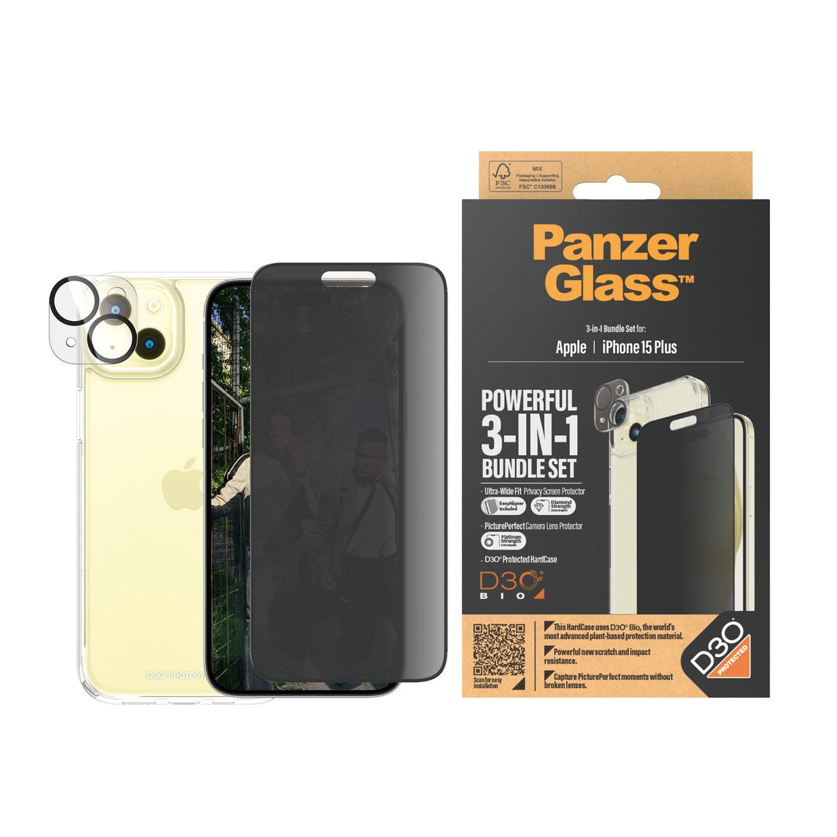 iPhone 15 Plus PanzerGlass 3-i-1 Bundle w. EasyAligner - Privacy Screen Protector (UWF) / Case / Camera Protection - Transparent / Black