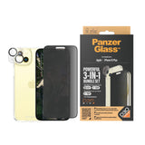 iPhone 15 Plus PanzerGlass 3-i-1 Bundle w. EasyAligner - Privacy Screen Protector (UWF) / Case / Camera Protection - Transparent / Black