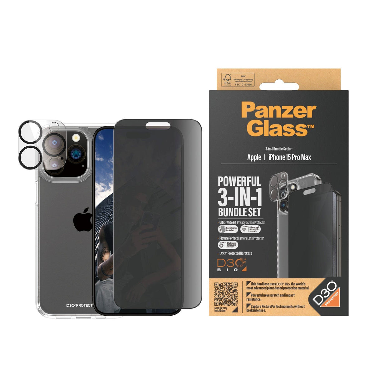 iPhone 15 Pro Max PanzerGlass 3-i-1 Bundle w. EasyAligner - Privacy Screen Protector (UWF) / Case / Camera Protection - Transparent / Black