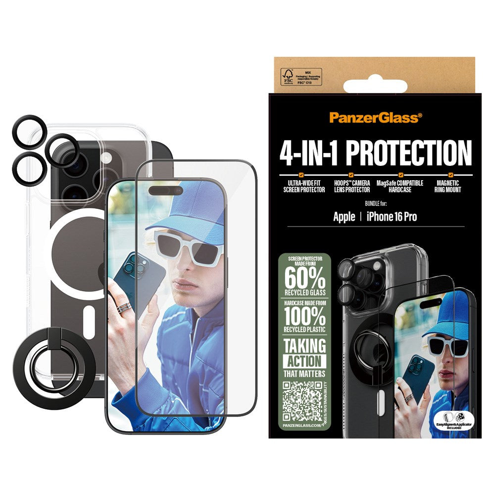 iPhone 16 Pro PanzerGlass 4-i-1 Bundle m. EasyAligner - Screen Protector (UWF) / Case / Camera Protection / Finger Ring - Transparent / Black