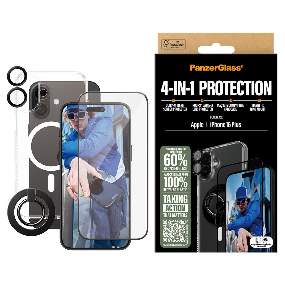 iPhone 16 Plus PanzerGlass 4-i-1 Bundle m. EasyAligner - Screen Protector (UWF) / Case / Camera Protection / Finger Ring - Transparent / Black