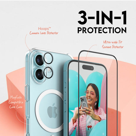 CARE By PanzerGlass iPhone 16 3-i-1 FLAGSHIP MagSafe Bundle - Screen Protector (UWF) / Case / Camera Protection - Transparent / White