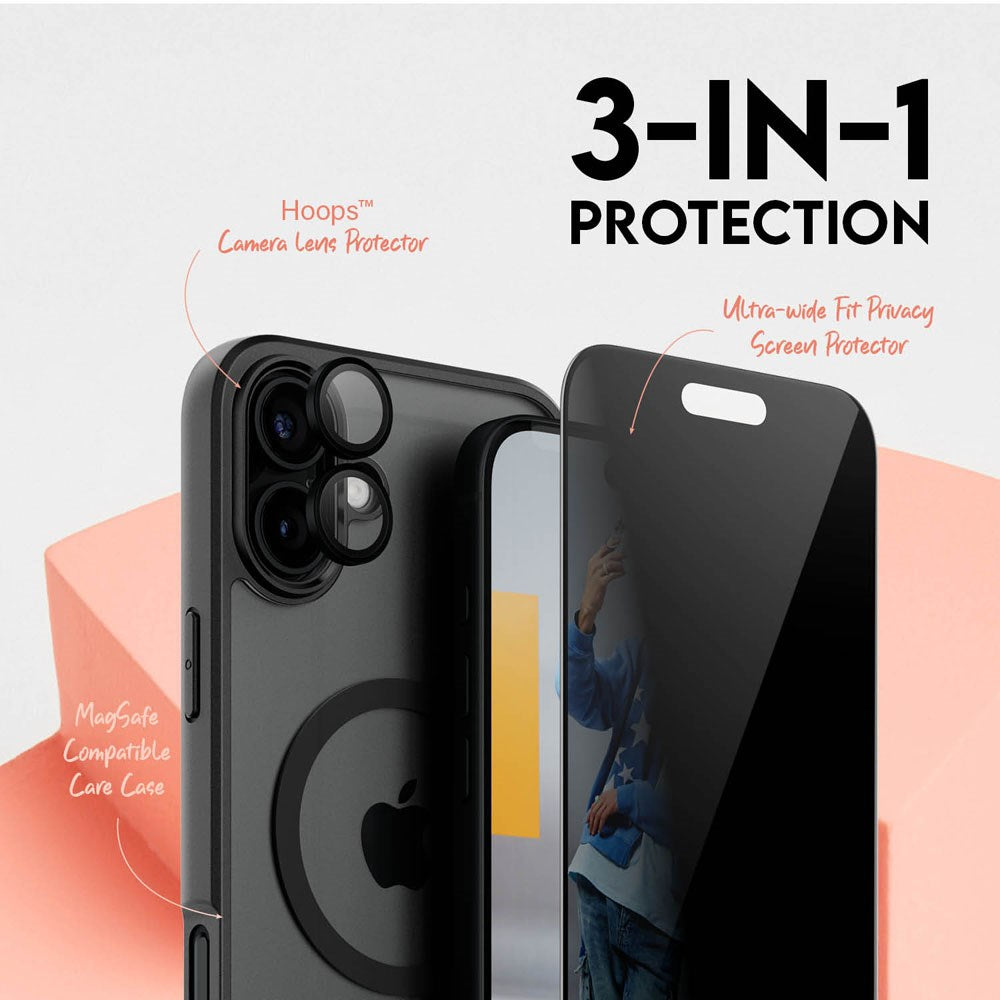 CARE By PanzerGlass iPhone 16 Plus 3-i-1 FLAGSHIP MagSafe Bundle - Privacy Screen Protector (UWF) / Case / Camera Protection - Transparent / Black