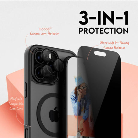 CARE By PanzerGlass iPhone 16 Pro Max 3-i-1 FLAGSHIP MagSafe Bundle - Privacy Screen Protector (UWF) / Case / Camera Protection - Transparent / Black