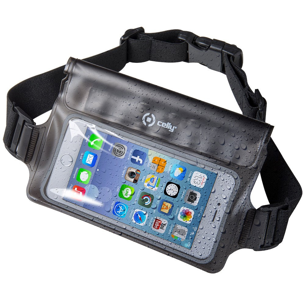 Celly IPX8 Waterproof Splash Running Belt for Smartphones w. Touch Screen Access - Black (Max 16 cm)