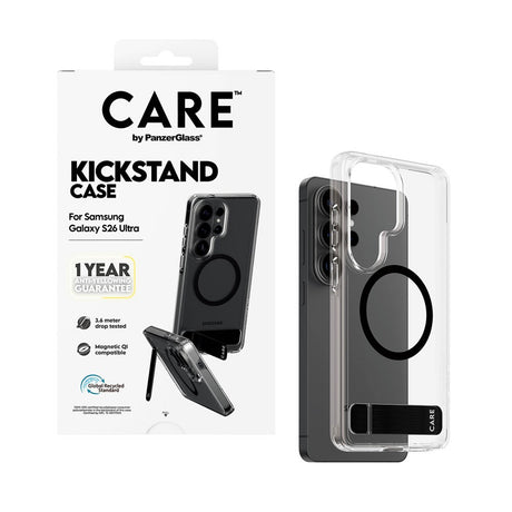 Samsung Galaxy S26 Ultra CARE by PanzerGlass Feature Kickstand Case - Qi Compatible - Transparent / Black