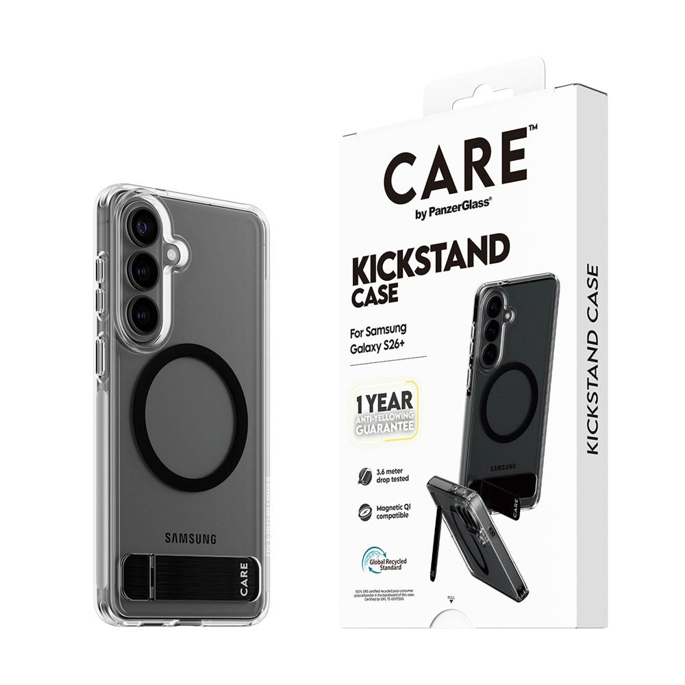 Samsung Galaxy S26+ (Plus) CARE by PanzerGlass Feature Kickstand Case - Qi Compatible - Transparent / Black