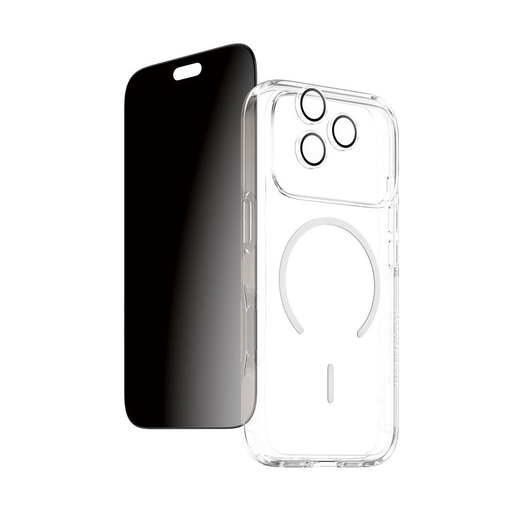iPhone 18 Pro CARE by PanzerGlass 3-i-1 FLAGSHIP Bundle - Case / Privacy Screen Protector (UWF) / Camera Protection - Transparent / Black