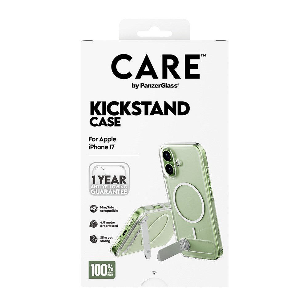 CARE by PanzerGlass iPhone 17 Feature Kickstand Case - MagSafe Compatible - Transparent / Silver