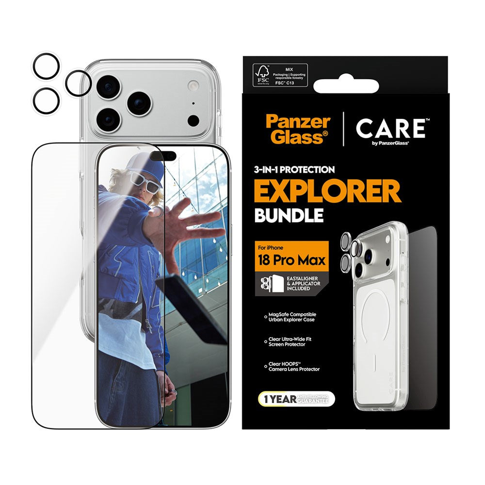 iPhone 18 Pro Max CARE By PanzerGlass 3-i-1 FLAGSHIP Bundle - Screen Protector (UWF) / Case / Camera Protection - Transparent