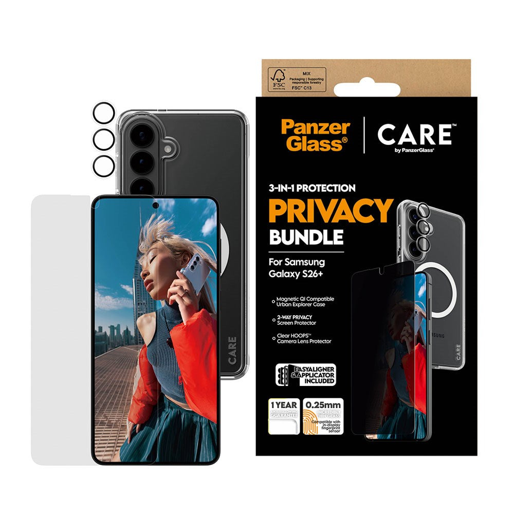 Samsung Galaxy S26+ (Plus) Urban Combat 3-in-1 Privacy Bundle with Case / Screen Protector (Privacy) / Camera Protection - Qi Compatible - Transparent