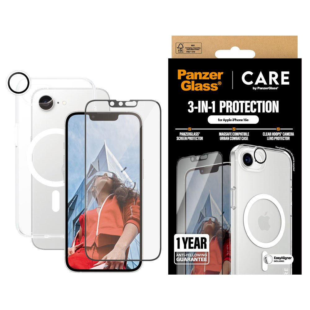 CARE By PanzerGlass iPhone 16e 3-i-1 FLAGSHIP MagSafe Bundle - Screen Protector (UWF) / Case / Camera Protection - Transparent / White