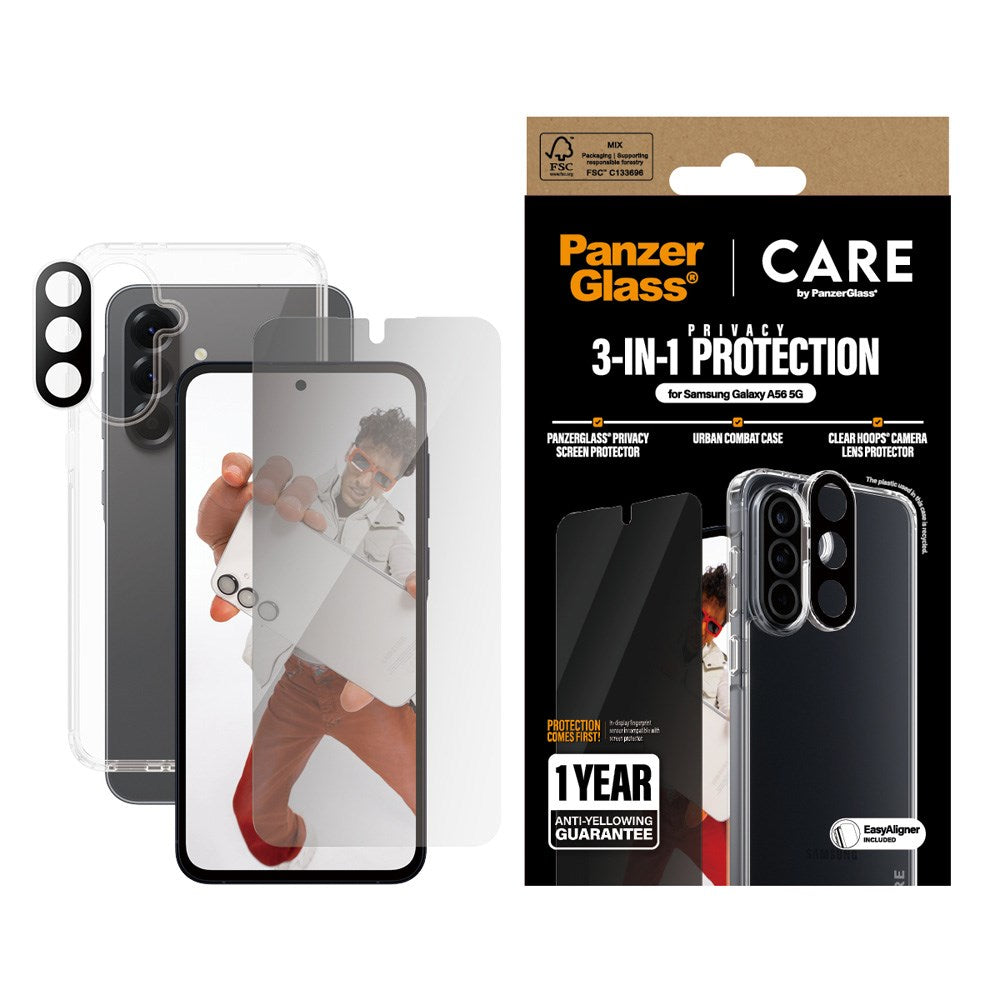 CARE by PanzerGlass Samsung Galaxy A56 (5G) 3-i-1 FLAGSHIP Bundle - Case / Privacy Screen Protector (UWF) / Camera Protection - Transparent / Black