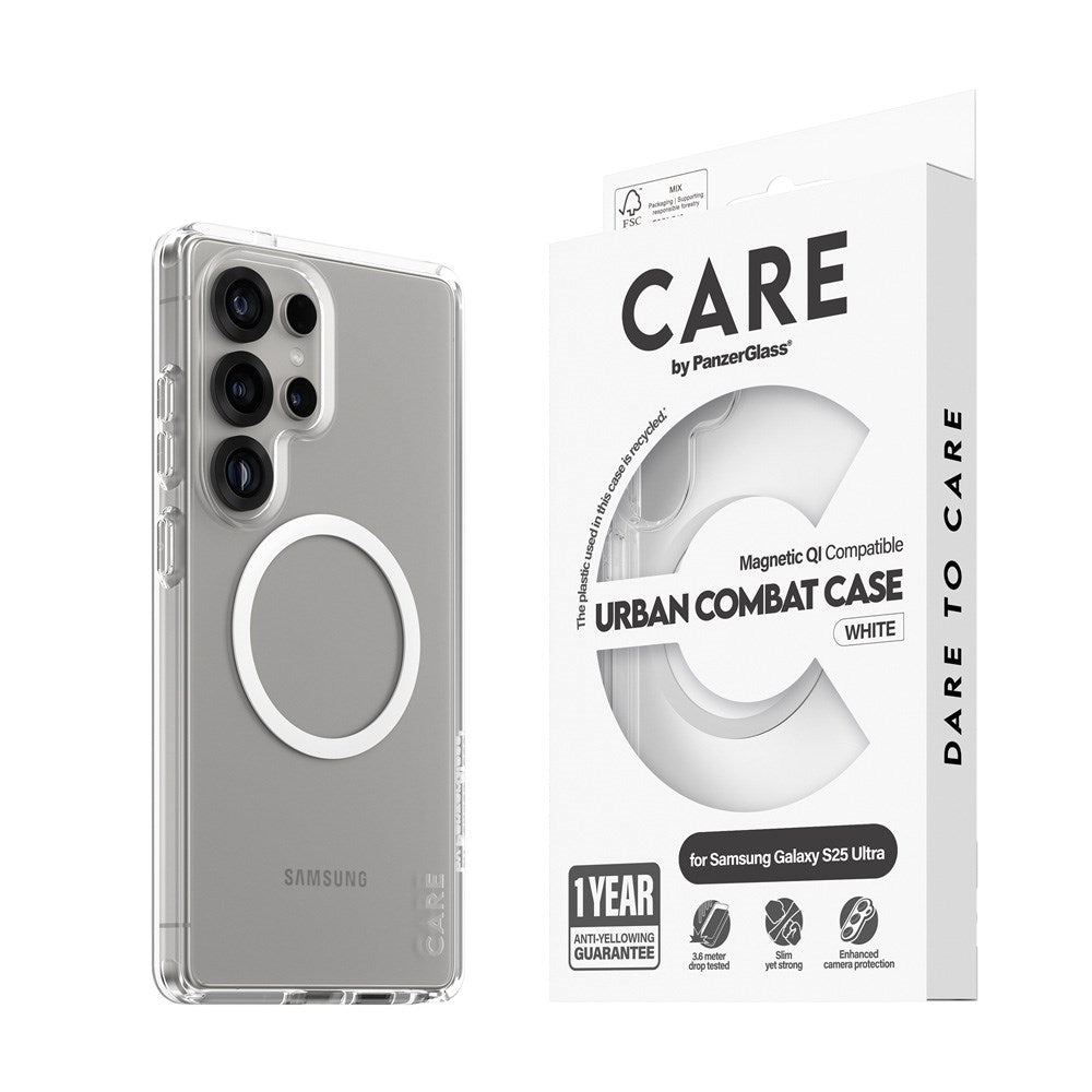 CARE by PanzerGlass Samsung Galaxy S25 Ultra FLAGSHIP Urban Combat Case - Qi Compatible - Transparent / White