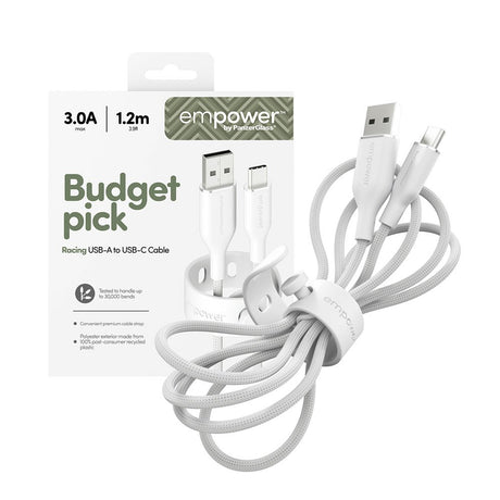 empower by PanzerGlass Racing 60W USB-A to USB-C Cable – 1.2m – Silver White