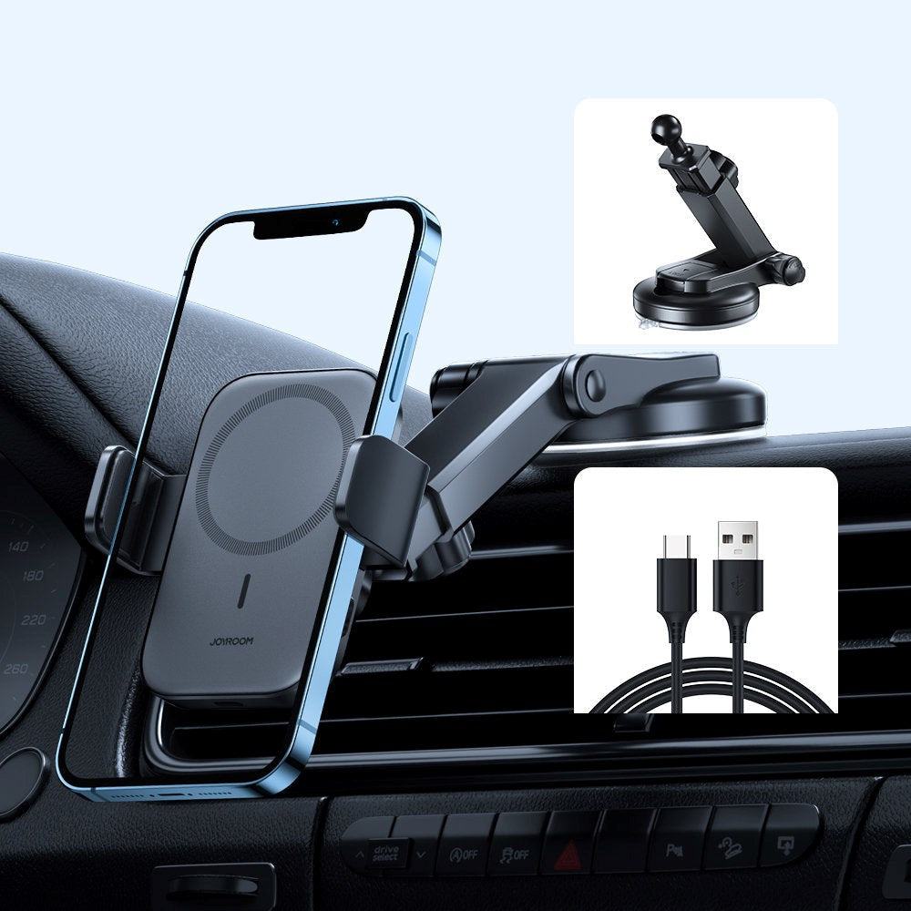 Joyroom Magnetic Mobile Holder w. Wireless Charging & Closing Mechanism - Dashboard - MagSafe Compatible - Black