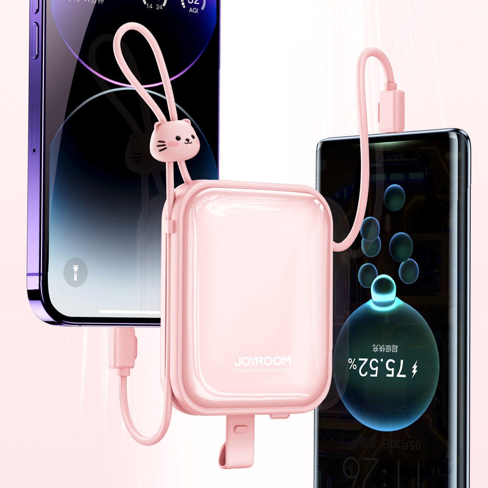 Joyroom JR-L008 Powerbank 22.5W USB-A w. Built-in USB-C / Lightning Cable & Stand Function - 10,000 mAh - Pink