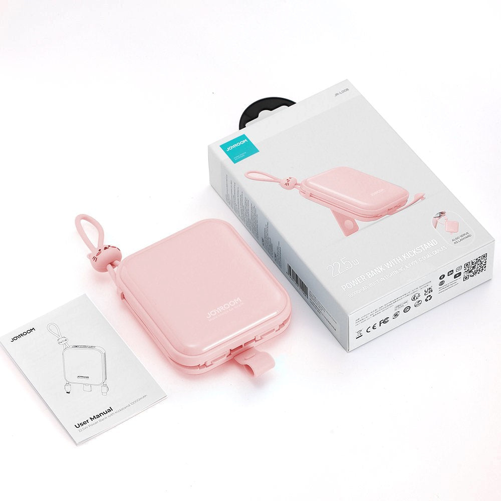 Joyroom JR-L008 Powerbank 22.5W USB-A w. Built-in USB-C / Lightning Cable & Stand Function - 10,000 mAh - Pink