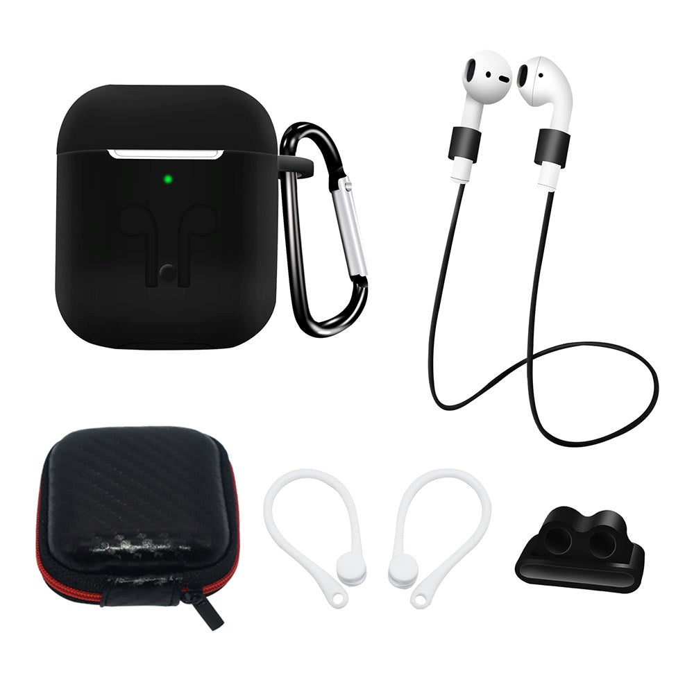 Hurtel AirPods (1st & 2nd gen.) Silicone Case Set with Neck Strap & Ear Hook - Black