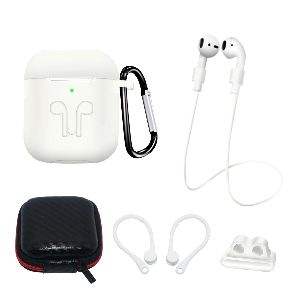 Hurtel AirPods (1st & 2nd gen.) Silicone Case Set with Neck Strap & Ear Hook - White